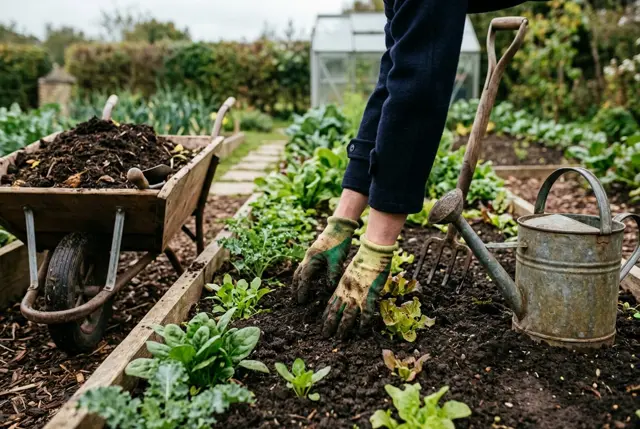 A gardener in gloves working compost into a vegetable bed beside a wheelbarrow and watering can