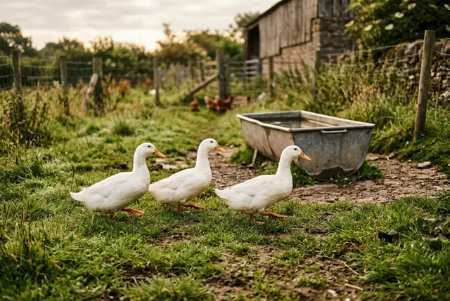 Three white ducks walking across short grass near a metal water trough