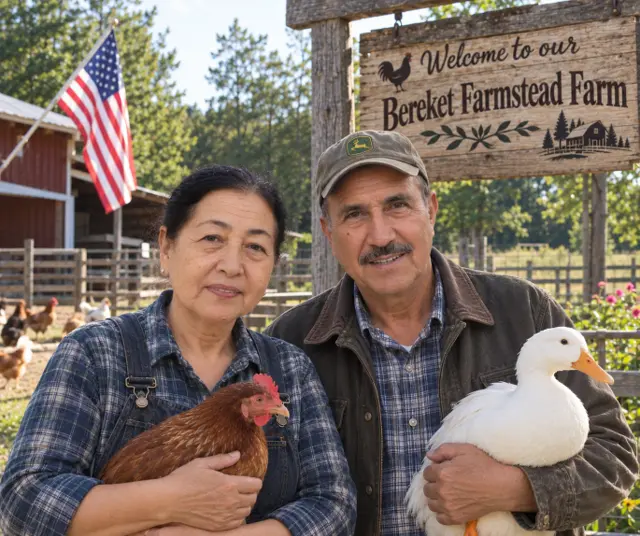 The Bereket Farmstead family beneath the farm sign, one holding a brown hen and the other a white duck