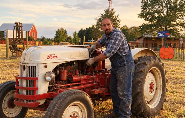 A member of the Bereket Farmstead family in overalls and work gloves tending the engine of a vintage white and red tractor at sunset