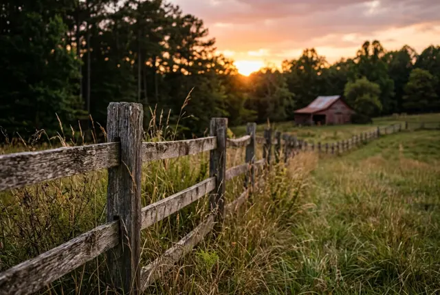 A weathered wooden fence through tall grass at sunset, with pines and a small red barn in the distance