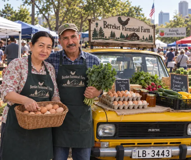 The Bereket Farmstead family at a farmers market display of eggs, greens and vegetables