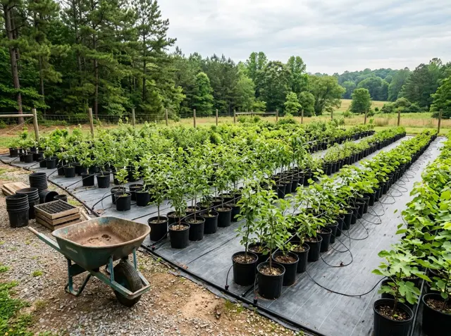Rows of young potted fruit trees and vines on landscape fabric with drip irrigation lines, a wheelbarrow in the foreground and pines behind