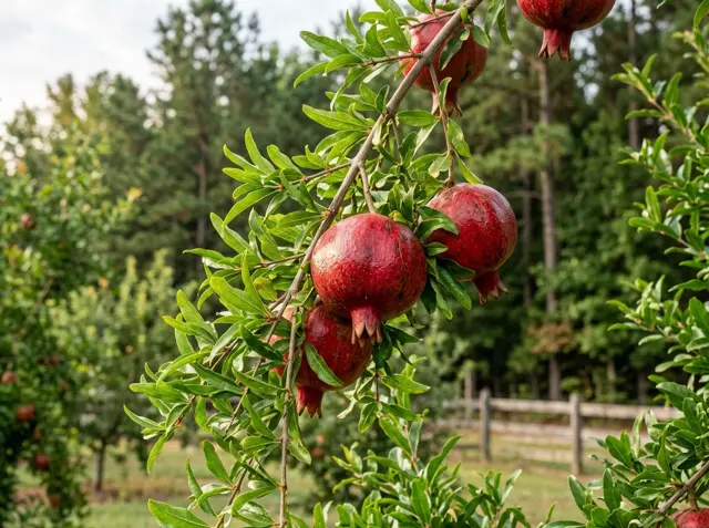 Ripe red pomegranates hanging from a branch with narrow glossy leaves, with pines and a wooden fence behind