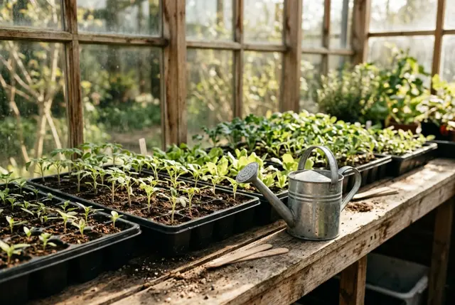 Young vegetable seedlings in black trays on a wooden potting bench beside a watering can