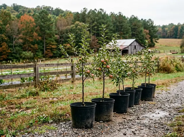 Young apple trees with small red apples in black nursery pots lined up beside a gravel farm road