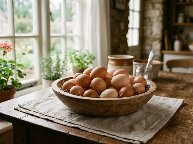 Brown and tan chicken eggs in a wooden bowl on a farmhouse table by a window