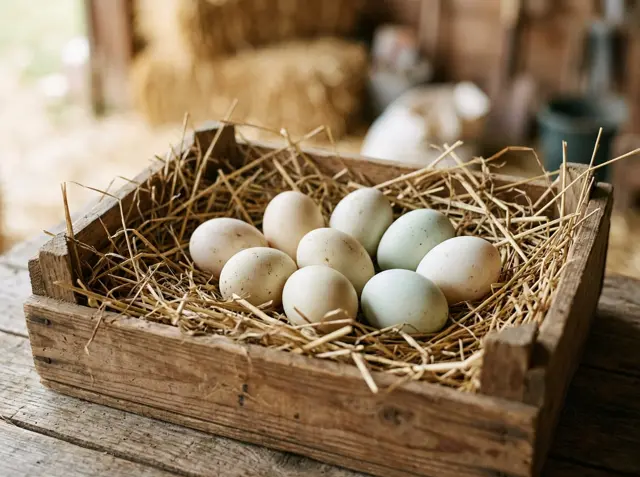 Pale cream and blue-green duck eggs nested in straw inside a wooden crate
