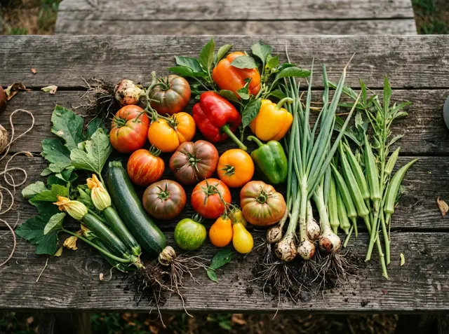Heirloom tomatoes, peppers, zucchini, okra and green onions laid out on a rough wooden table