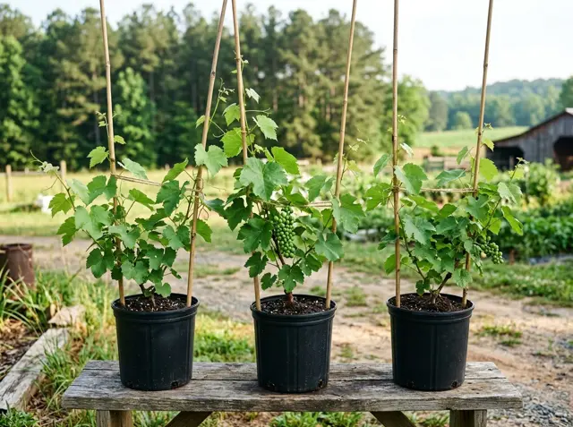 Three young grapevines in black pots climbing bamboo stakes on a wooden bench, one with a small green grape cluster