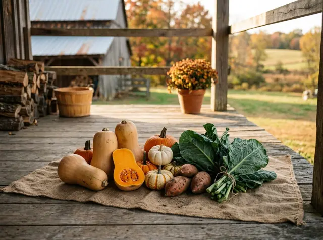 Butternut squash, small pumpkins, sweet potatoes and collard greens on burlap on a porch
