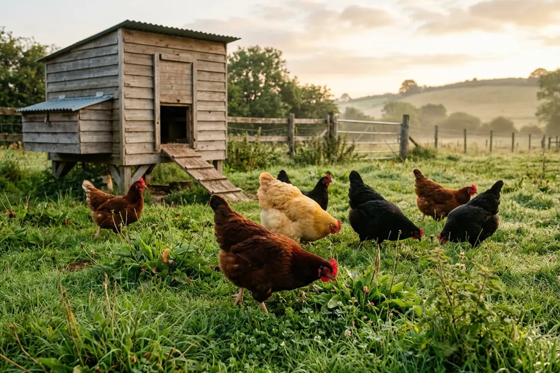 Red, buff and black hens foraging in grass beside a wooden coop