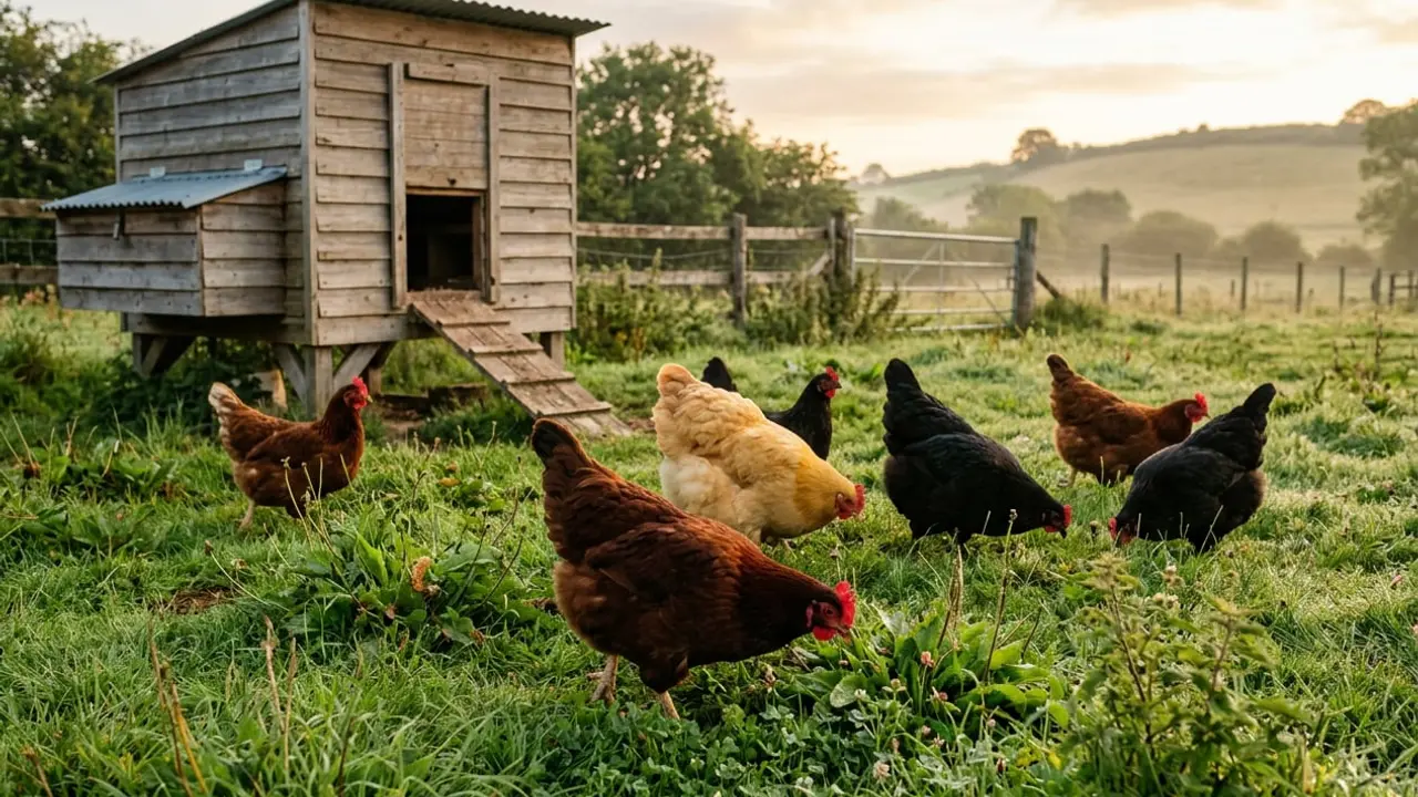 A small mixed flock of hens foraging in grass beside a wooden coop