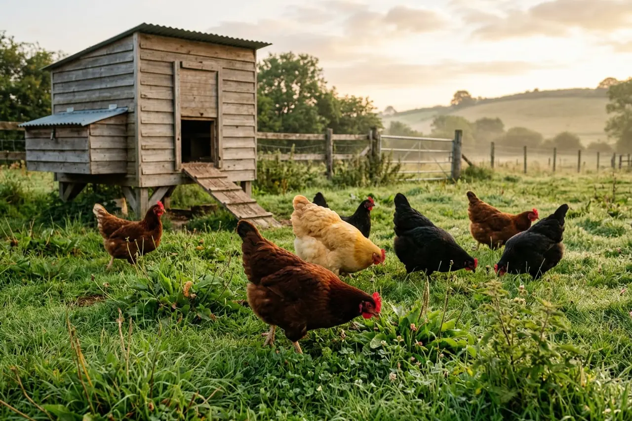 A small mixed flock of hens foraging in grass beside a wooden coop