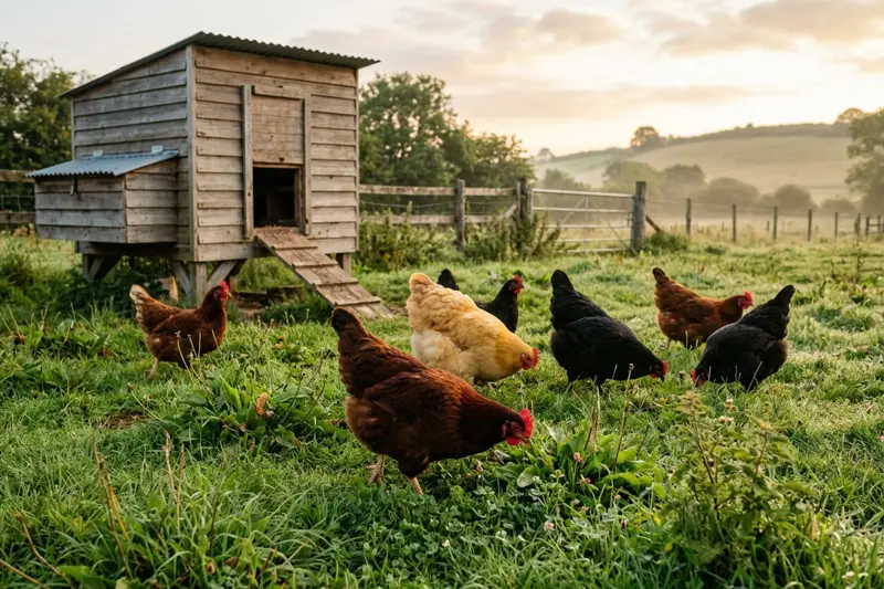 A small mixed flock of hens foraging in grass beside a wooden coop