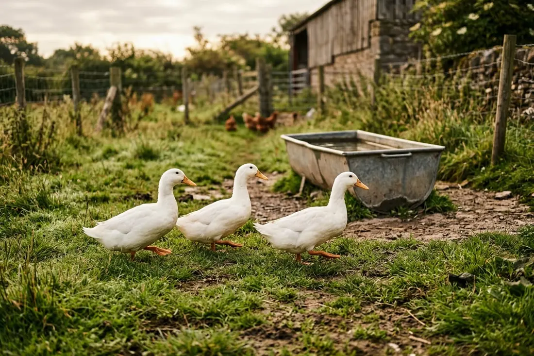 Three white ducks walking across short grass near a metal water trough