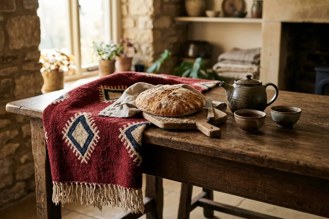 A red geometric woven rug draped over a wooden table set with round bread, a teapot and tea bowls