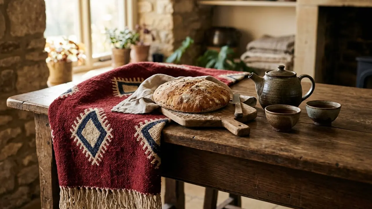A red geometric woven rug draped over a wooden table set with round bread, a teapot and tea bowls