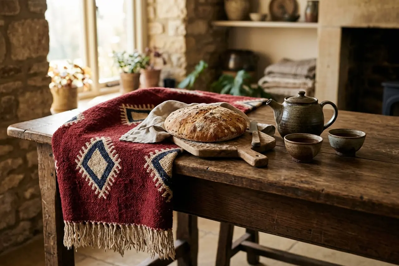A red geometric woven rug draped over a wooden table set with round bread, a teapot and tea bowls