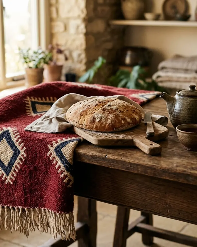A red geometric woven rug draped over a wooden table set with round bread, a teapot and tea bowls