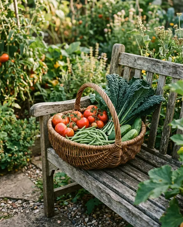 A woven basket of tomatoes, green beans, cucumbers and kale on a garden bench