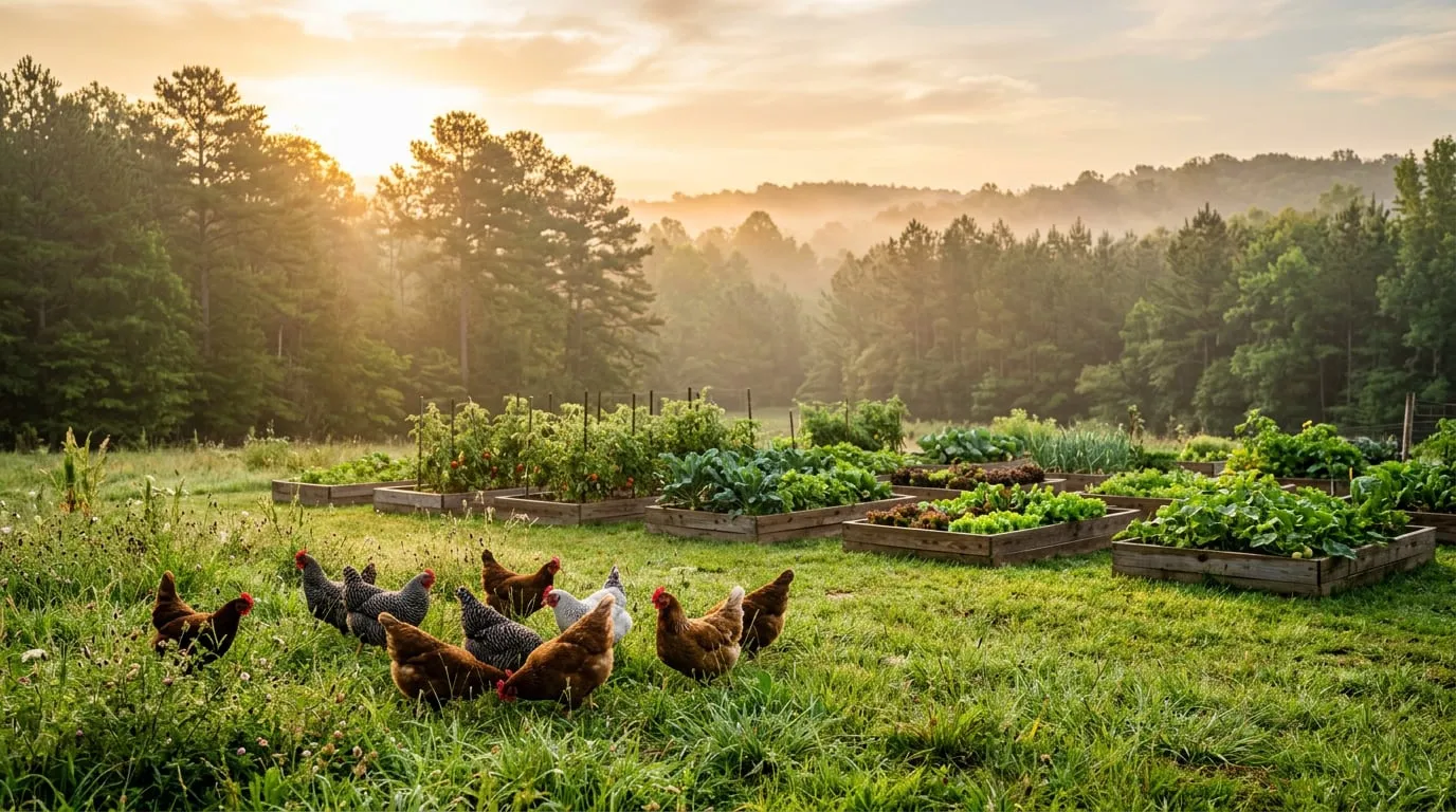 Hens foraging in morning grass beside raised vegetable beds, with pine trees and mist behind