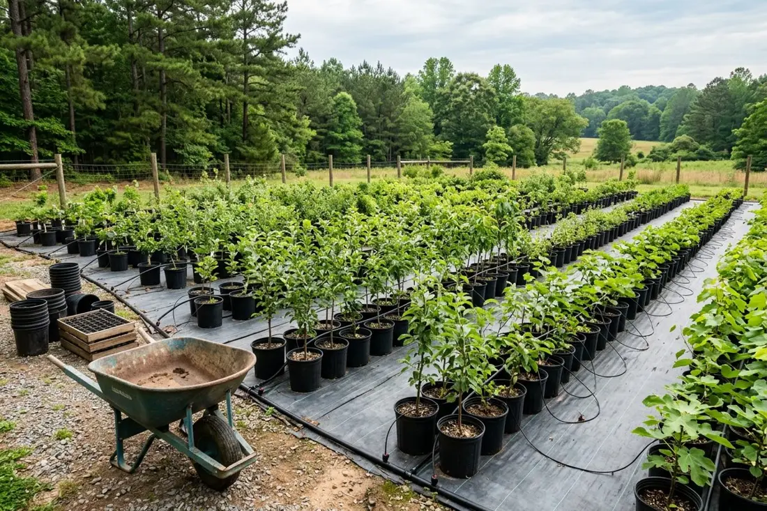 Rows of young potted fruit trees and vines on landscape fabric with drip irrigation lines, a wheelbarrow in the foreground and pines behind