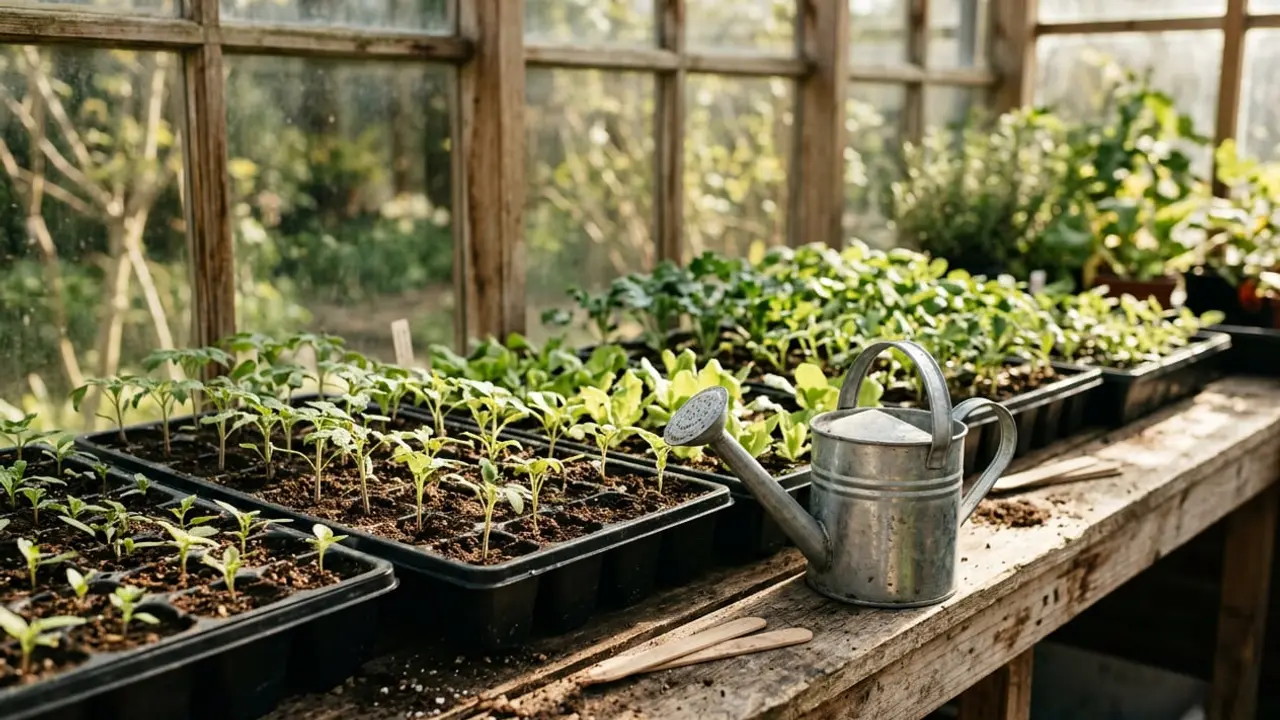Young vegetable seedlings in black trays on a wooden potting bench beside a watering can