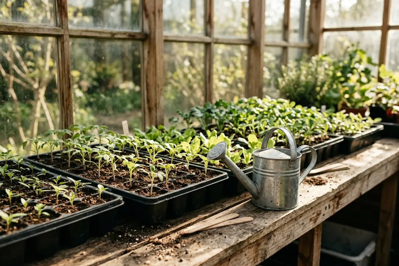 Young vegetable seedlings in black trays on a wooden potting bench beside a watering can