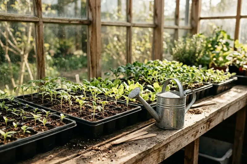 Young vegetable seedlings in black trays on a wooden potting bench beside a watering can