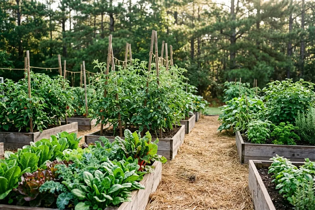 Wooden raised beds of leafy greens and staked tomatoes along a straw path, with pines behind