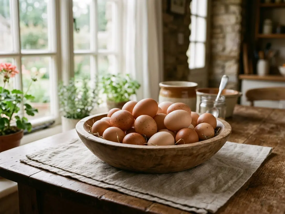 Brown and tan chicken eggs in a wooden bowl on a linen cloth