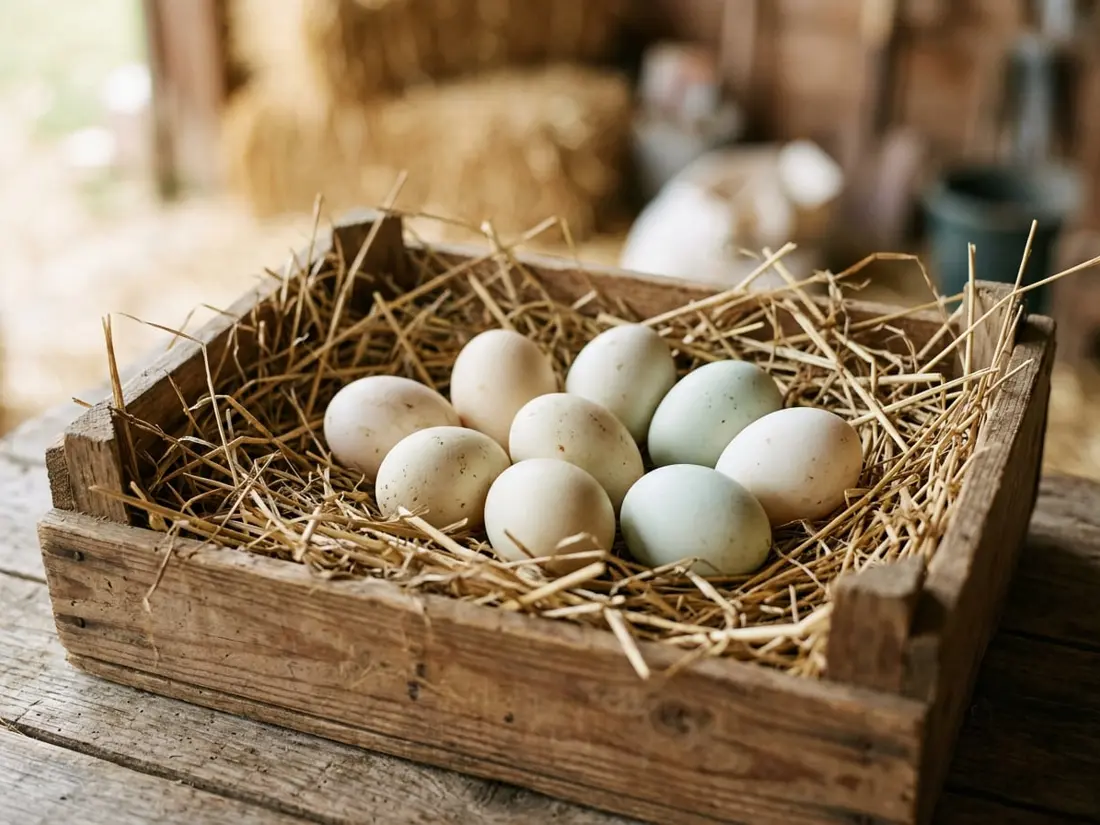 Pale cream and blue-green duck eggs nested in straw inside a wooden crate