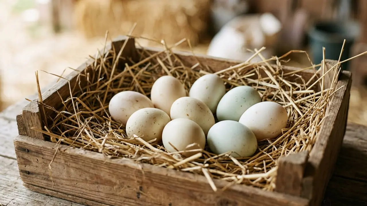 Pale cream and blue-green duck eggs nested in straw inside a wooden crate