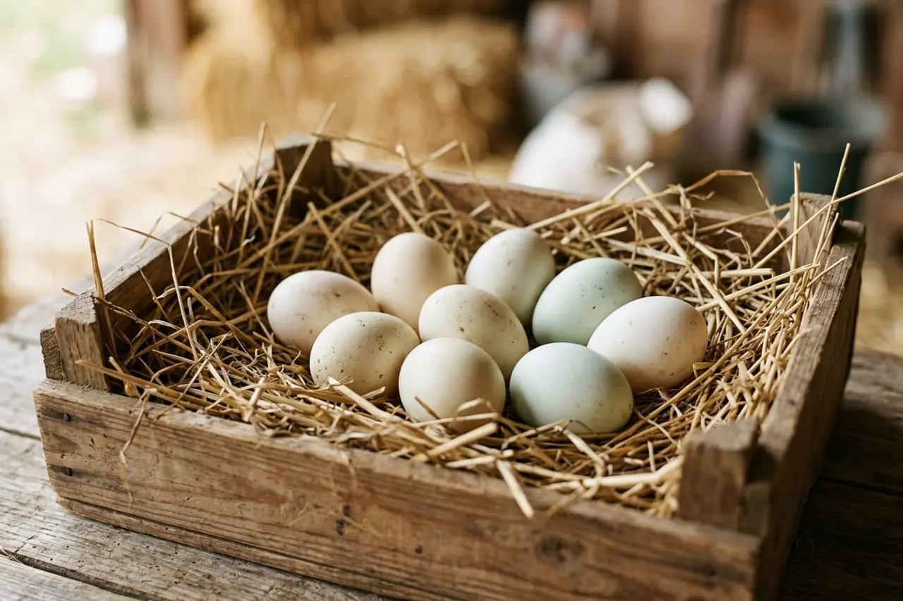 Pale cream and blue-green duck eggs nested in straw inside a wooden crate