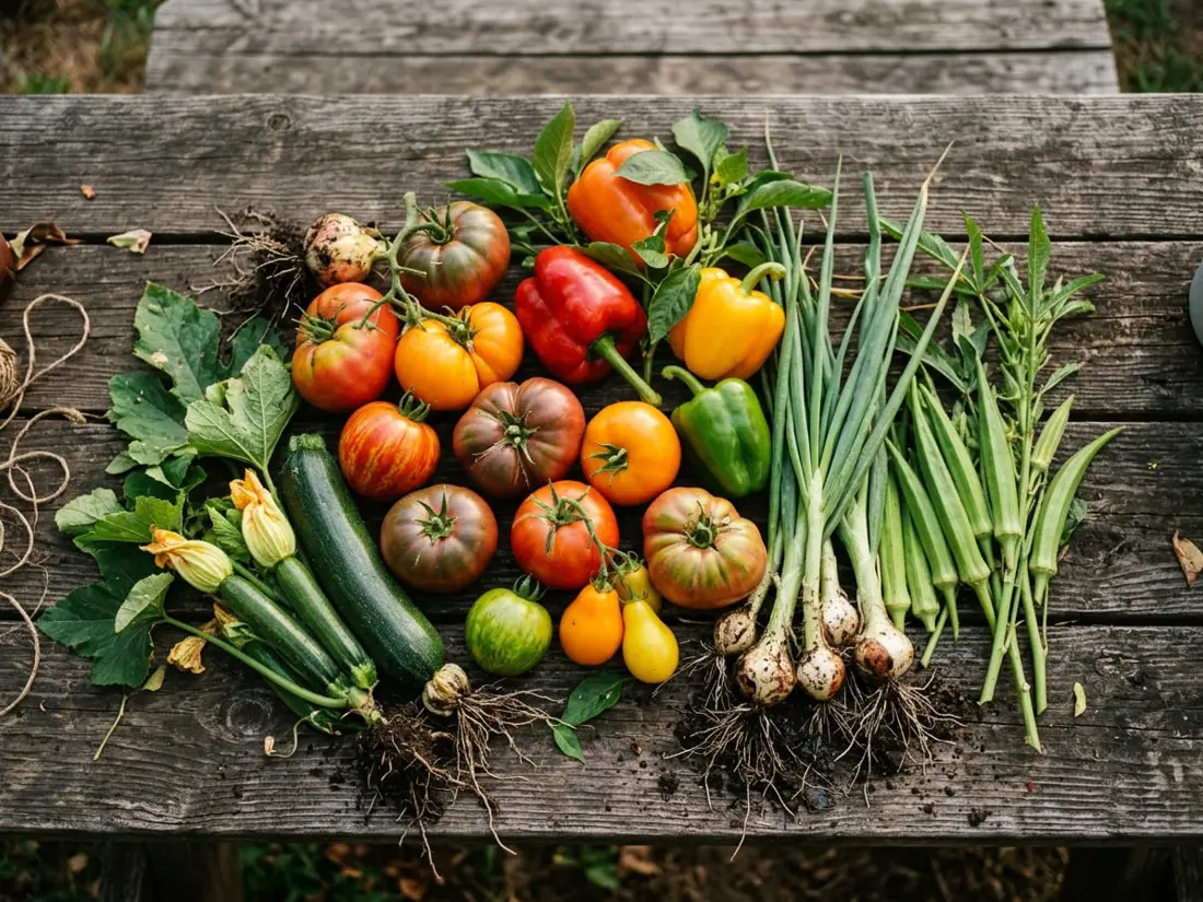 Freshly picked tomatoes, peppers, zucchini, okra and green onions on a wooden table