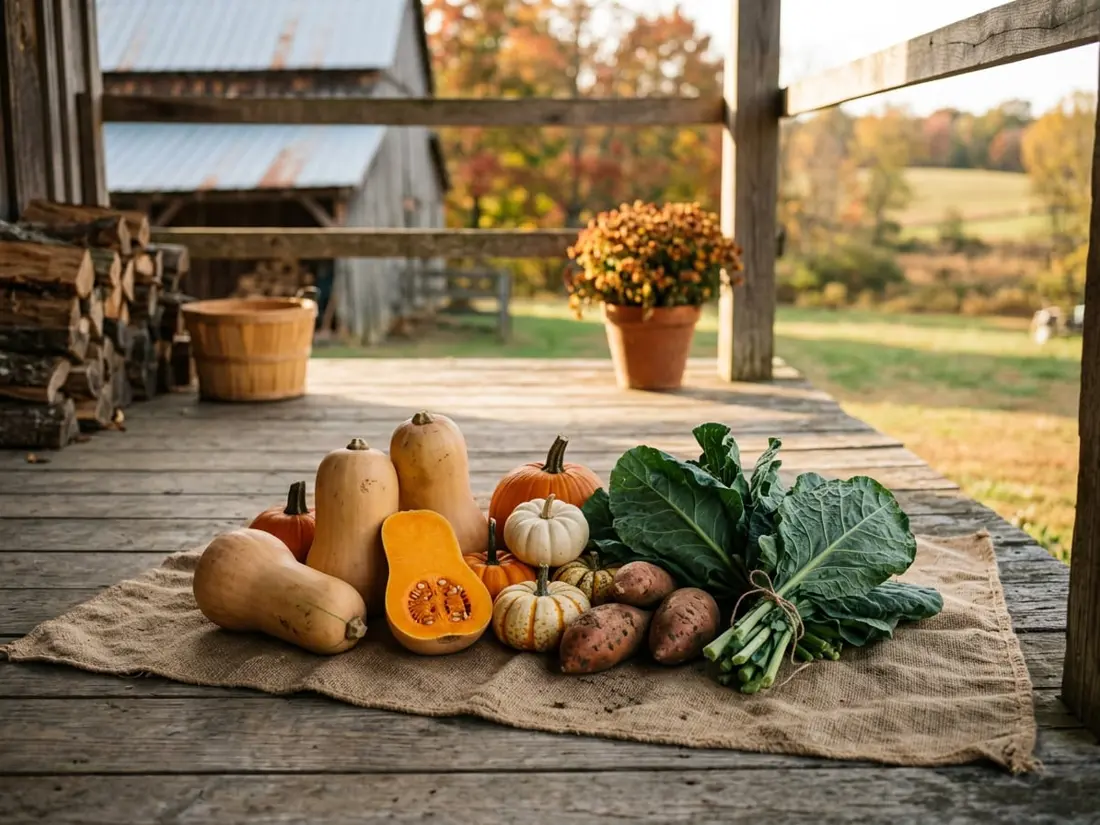 Butternut squash, small pumpkins, sweet potatoes and collard greens on burlap